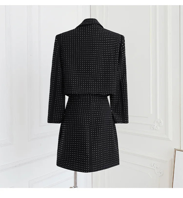 TWOTWINSTYLE Slimming Spliced Hot Fix Two Piece Sets for Women Lapel Long Sleeves Patchwork Single Breasted Top Skirt Set Female