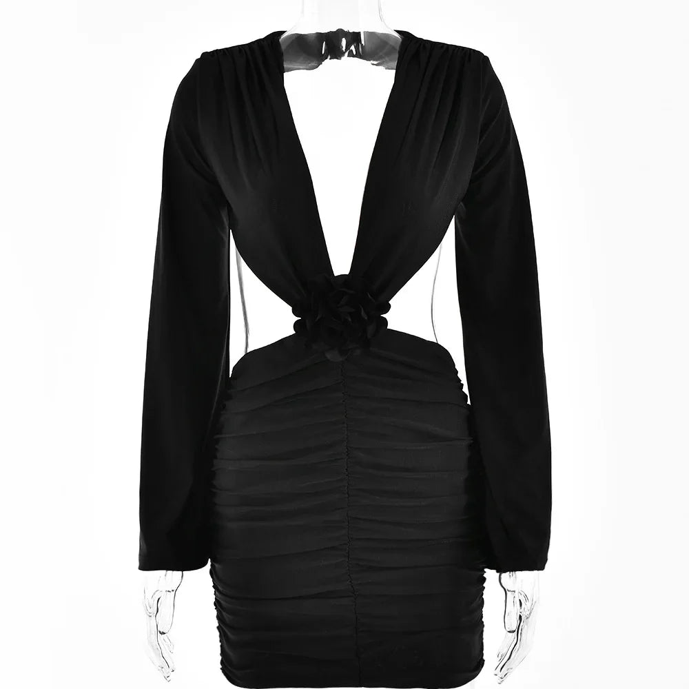 BoozRey Sexy Deep V Flower Long Sleeves Backless Dress 2023 Summer Elegant with Shoulder Pad Mini Dress Party Club Outfits Women Black