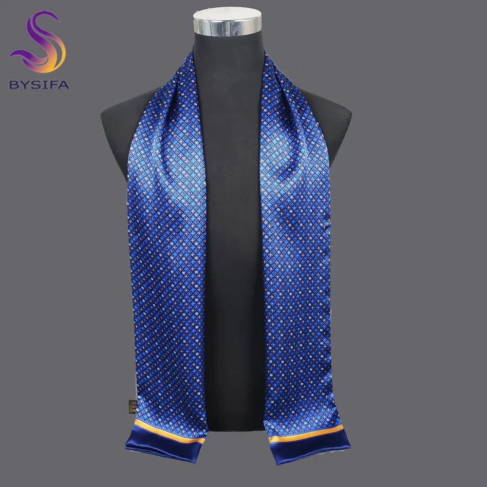 [BYSIFA] New Navy Blue Men Silk Scarf Printed Muffler Winter Brand Fashion Scarves 100% Pure Silk Male Black Long Scarves Cravat blue