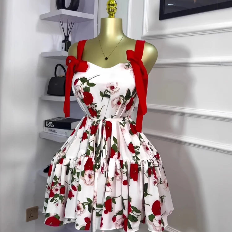 CM.YAYA Women Floral Printed Flare Sleeveless Bow Strap Belt Mini Dress 2025 Evening Sexy Beach Party Birthday Street Dresses