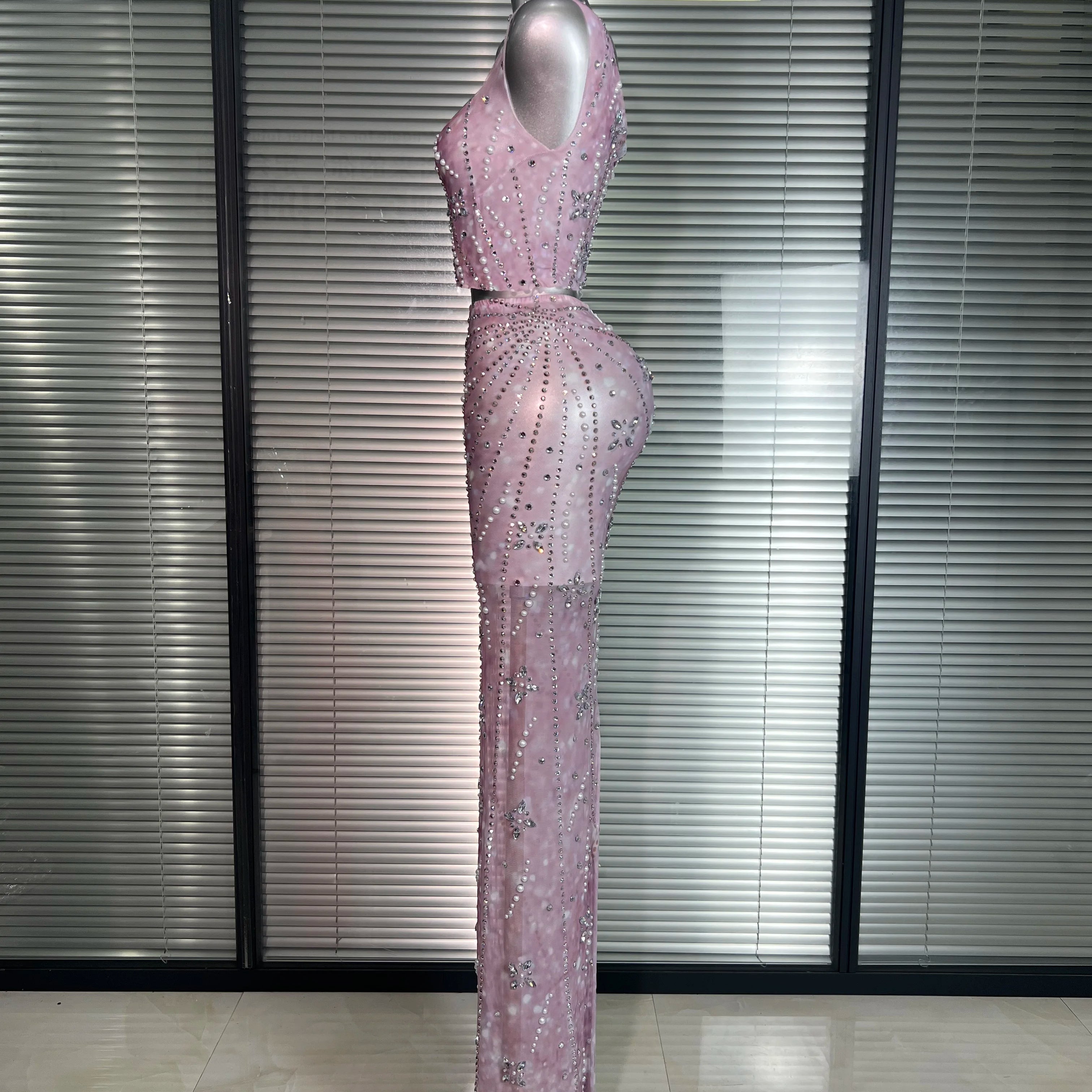 New Sexy Pink Two Pieces Set Women Celebrity Crystal Night Club Skirt Suits Singer Dancer Stretched Printed Stage Costume