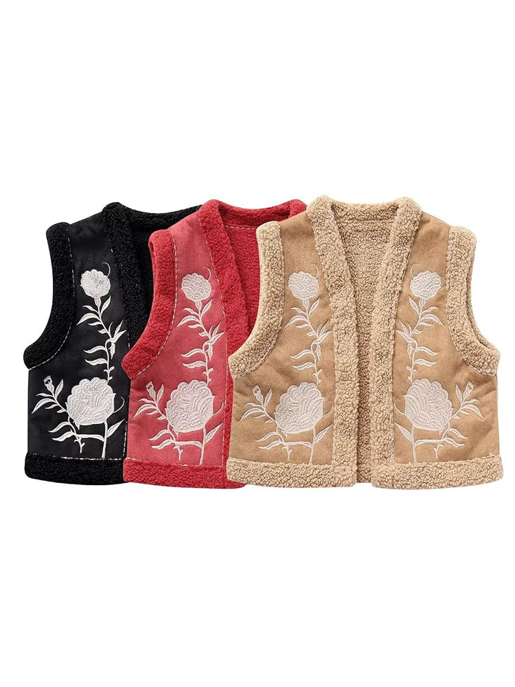 Women's Fashion Flower Embroidery Reversible Vest Vintage Suede Lamb Warm Vest Short Loose Sleeveless Vest Street Style Ves