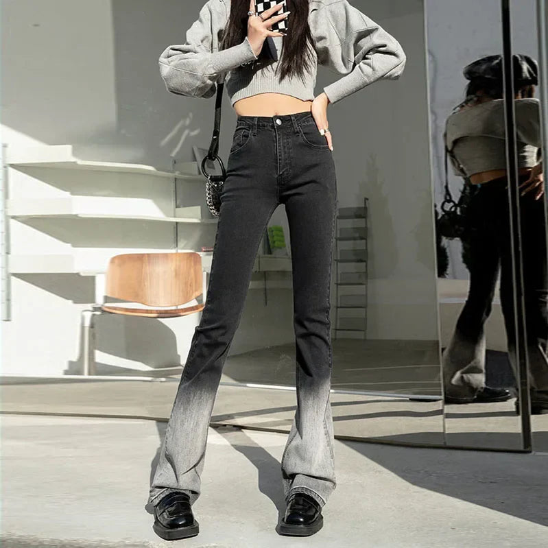 ZOENOVA Women Flared Jeans Loose Denim Pants Bottom Straight High Waist Stretch Urban Female Flare Trouser 2023 Fashion 6 Color Gradient Black