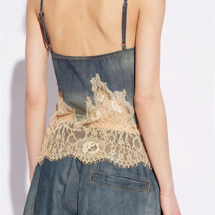 Spliced Lace Denim Two Piece Set For Women V Neck Sleevelss Top High Waist Knee Length Pant Streetwear Sets Female