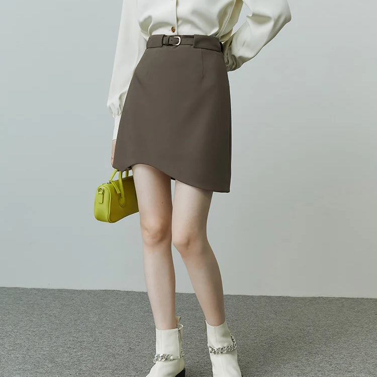 FSLE Commuter Style High Waist Women A-line Skirt Early Autumn All-match Elegant Temperament Female Mini Package Hip Skirts Dark Brown