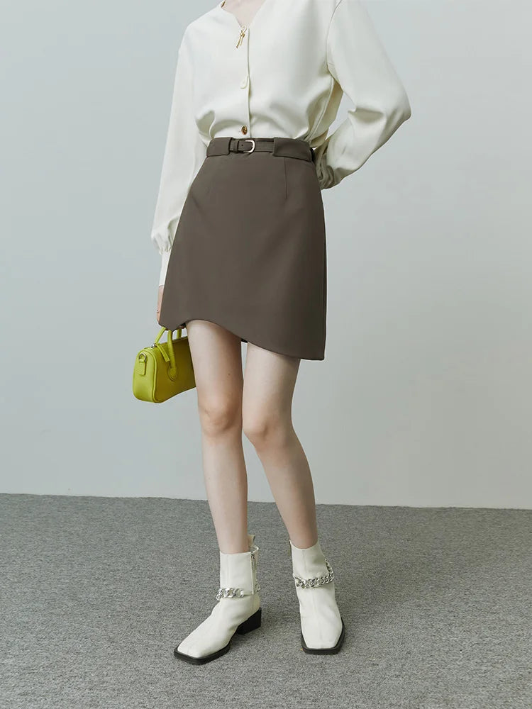 FSLE Commuter Style High Waist Women A-line Skirt Early Autumn All-match Elegant Temperament Female Mini Package Hip Skirts Dark Brown