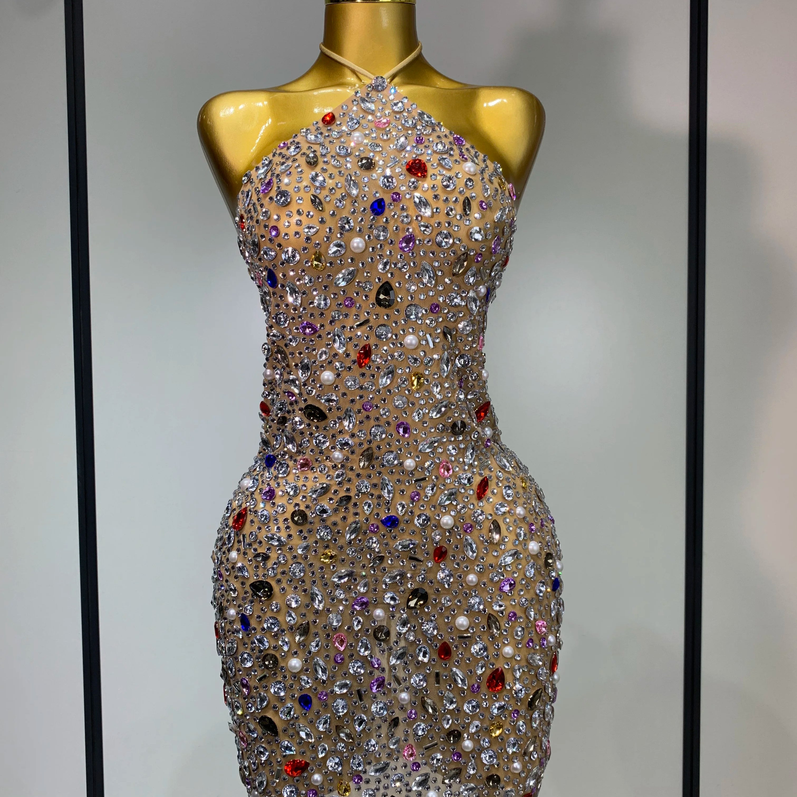 Colorful Crystals Diamond Women Sexy Halter Mesh See Through Bodycon Dress Nightclub Evening Party Celebrate Birthday Costume