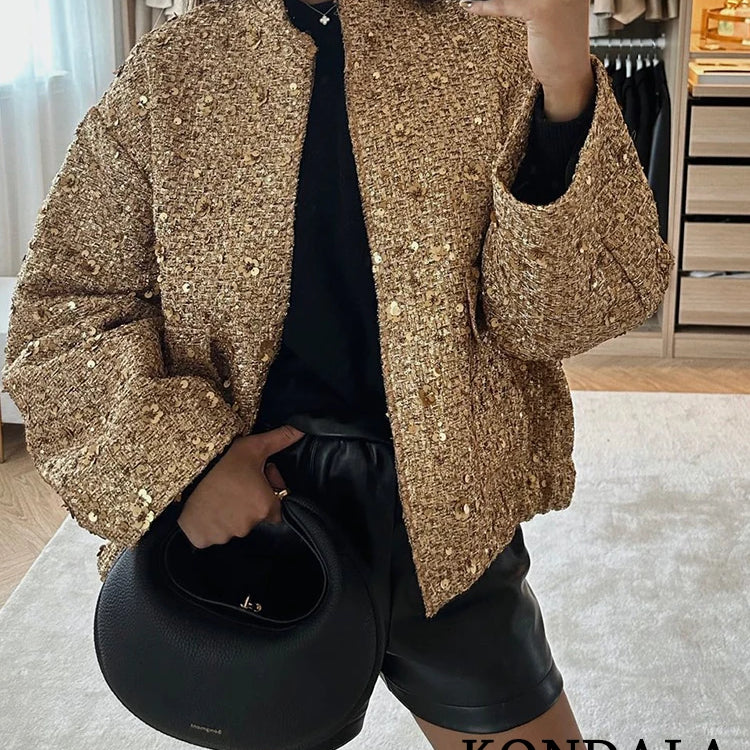 Streetwear Golden Sequined Oversized Jackets Women Long Sleeve Zipper Thick Coats Fashion Autumn Winter Outwears