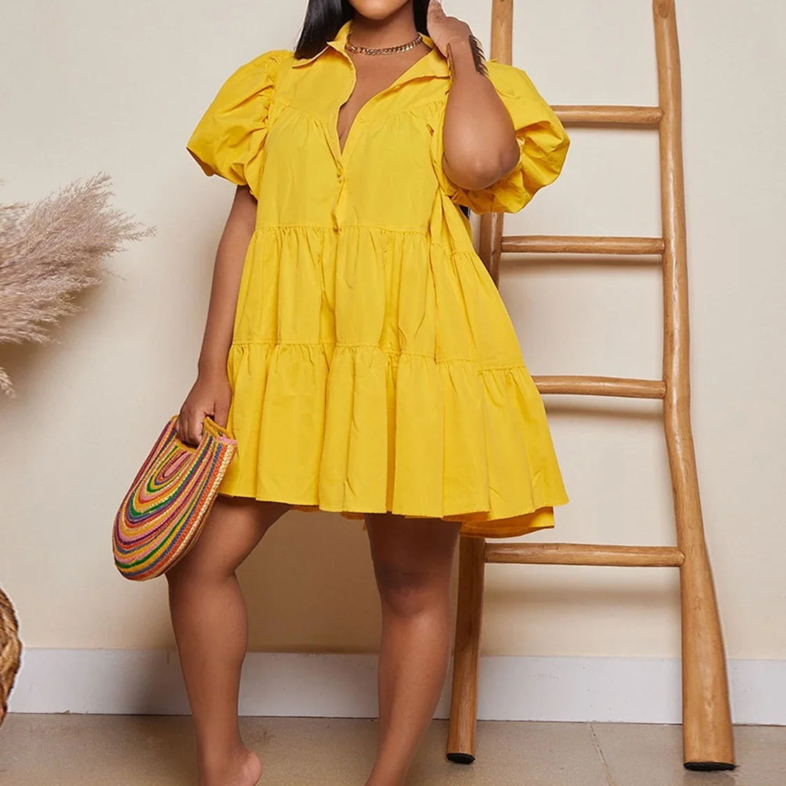 CM.YAYA Elegant Women Puff Sleeve Single Breasted Lapel Collar Babydoll Dress Street White Big Swing Loose Smock Shirt Dresses