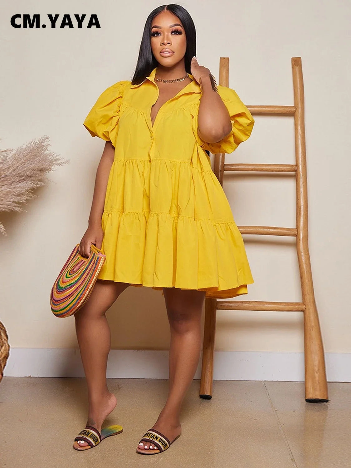 CM.YAYA Elegant Women Puff Sleeve Single Breasted Lapel Collar Babydoll Dress Street White Big Swing Loose Smock Shirt Dresses