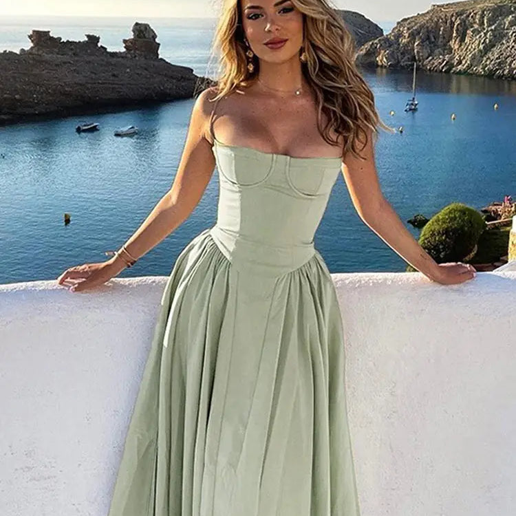 Women Sexy Solid Sling Midi Dress Fashion Sleeveless Backless Pleated Hem Dresses Summer Female Party Evening A-line Robes