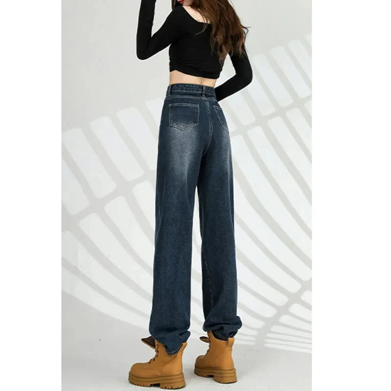 Autumn Winter New Straight Tube Women's Jeans American High Street Baggy Pants Woman Blue Gray Color Women's High-waisted Jeans
