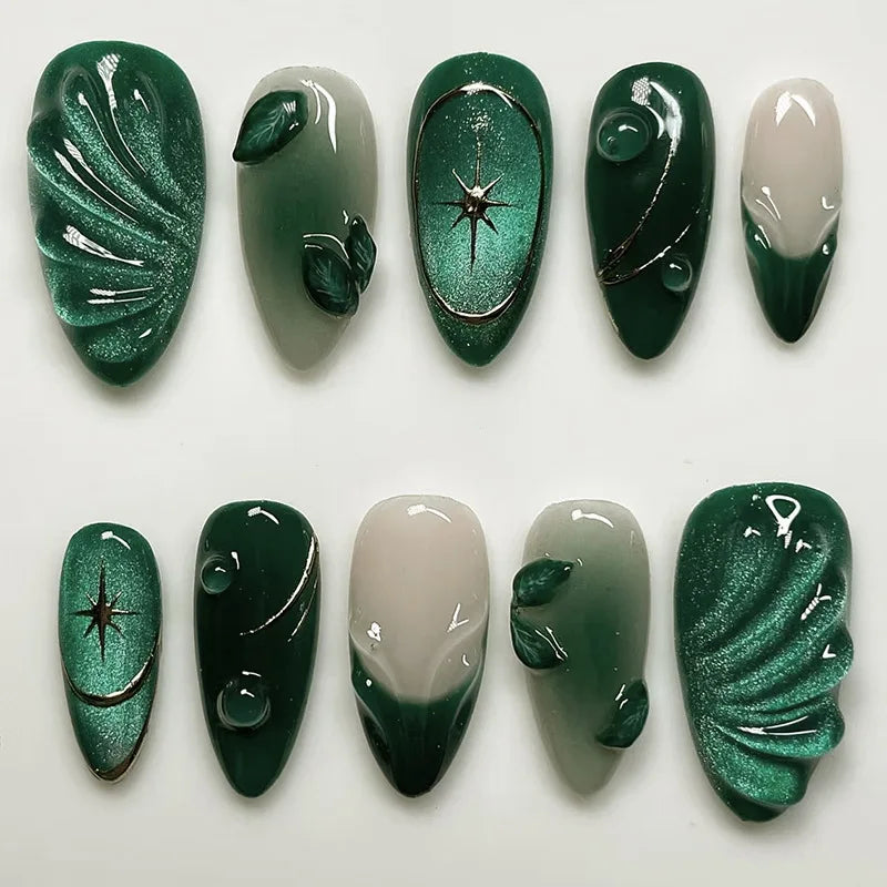 24Pcs 3D Green Ripple Design False Nails Cat's Eye French Almond Fake Nail Tips Leaves Pattern Removable Oval Press on Nails