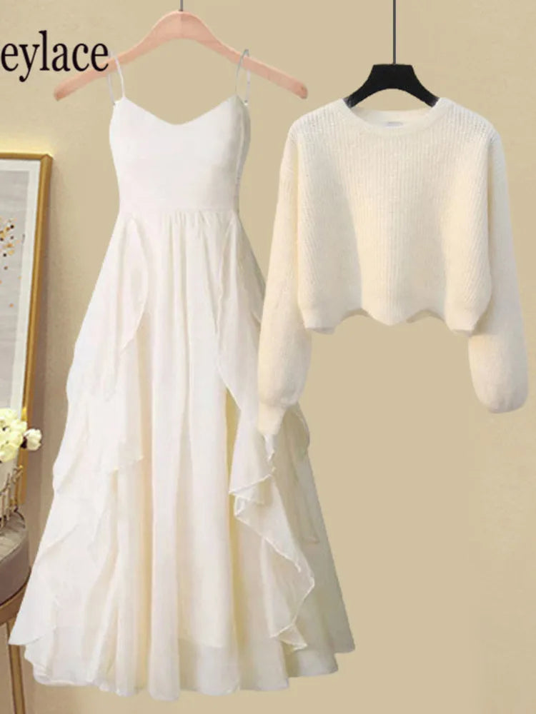 Women Spring Two Pieces Sets Korean Long Sleeve Knitted Sweater Cardigan And Ruffles Patchwork Mesh Long Dress Suit