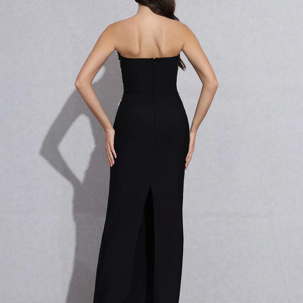 High Quality Sexy Strapless Diamond Sequin mesh Patchwork Bodycon Bandage Long Dress Women Fashion Celebrate Evening Party Gowns