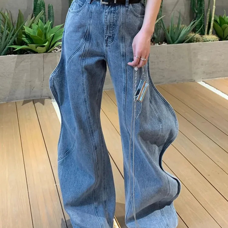 Irregular Spliced Pockets Jeans High Waist Patchwork Zipper Vintage Minimalist Wide Leg Jean Female Fashion Clothes