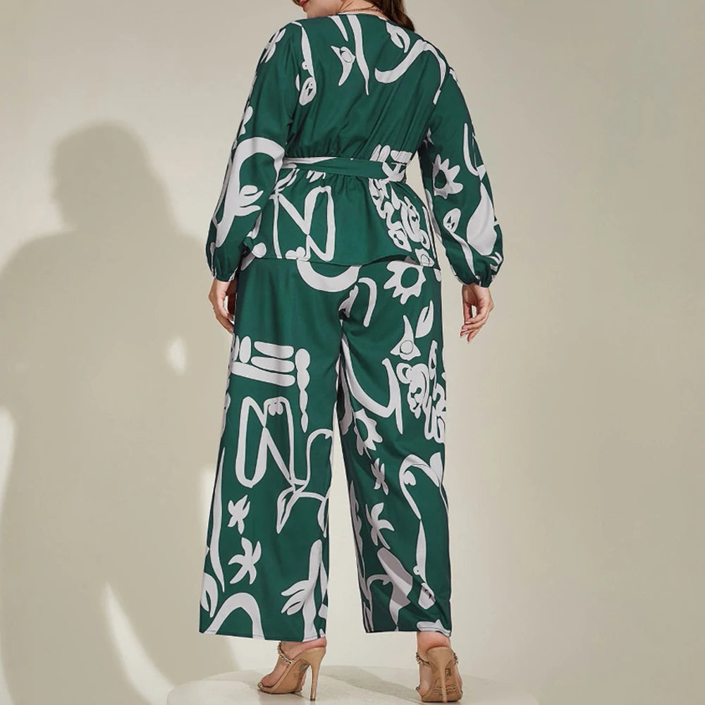 Plus Size Rafiah Women's Summer Sets 2025 Daily Long Sleeve V-Neck Top Full Length High Waist Pants Full Print Casual Sets