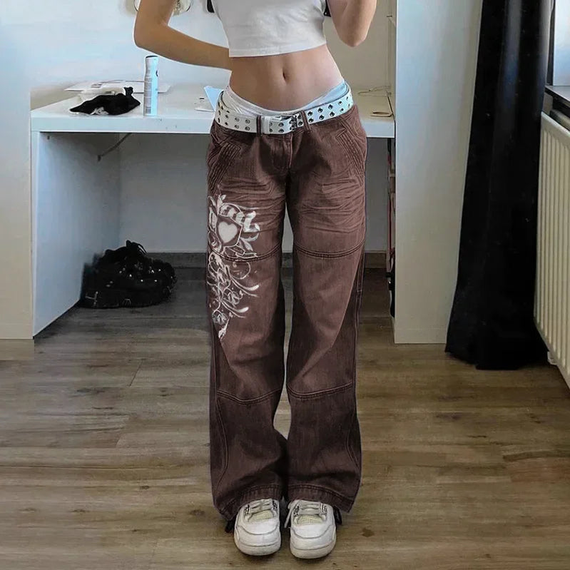 Jean Baggy taille haute des années 90 Y2K pour femmes, pantalon droit, jambes larges, couleur unie, Cargo imprimé Harajuku 