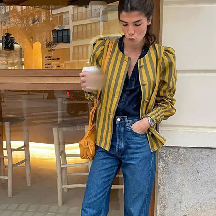 Women Contrasting Stripes Shirt Jacket Elegant Loose O Neck Long Puff Sleeve Thin Coat New Chic Female Artistic Streetwear 2024