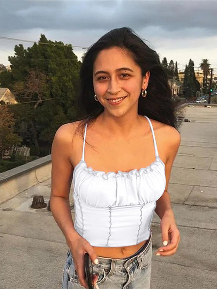 Sexy Summer Women Ruffles Tank Top Fashion Ladies Sleeveless Strapless Ruched Slim Crop Top Camisole Female Clothing Tanks