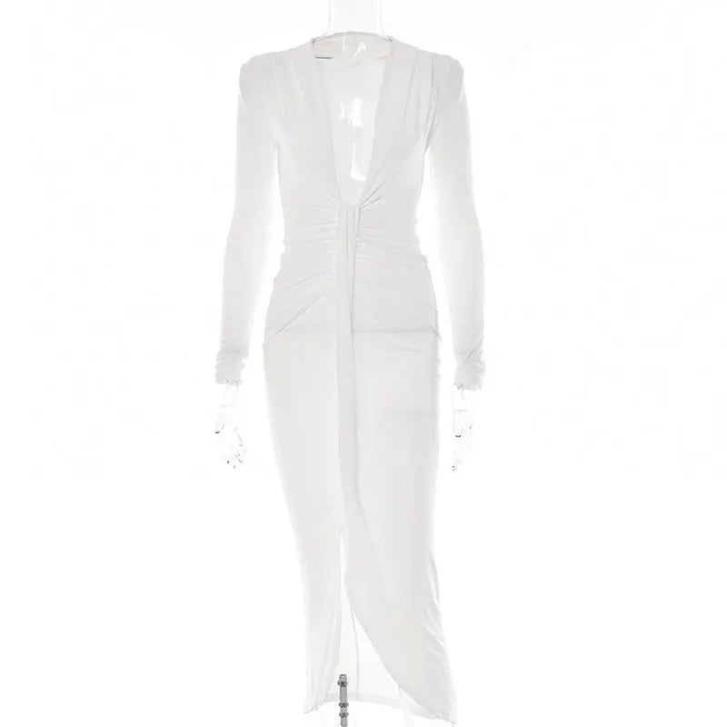 Elegant Pleated Casual Bodycon Long Dress Autumn Winter Women Slim Evening Party Robe Sexy Bandage Ladies Dress White