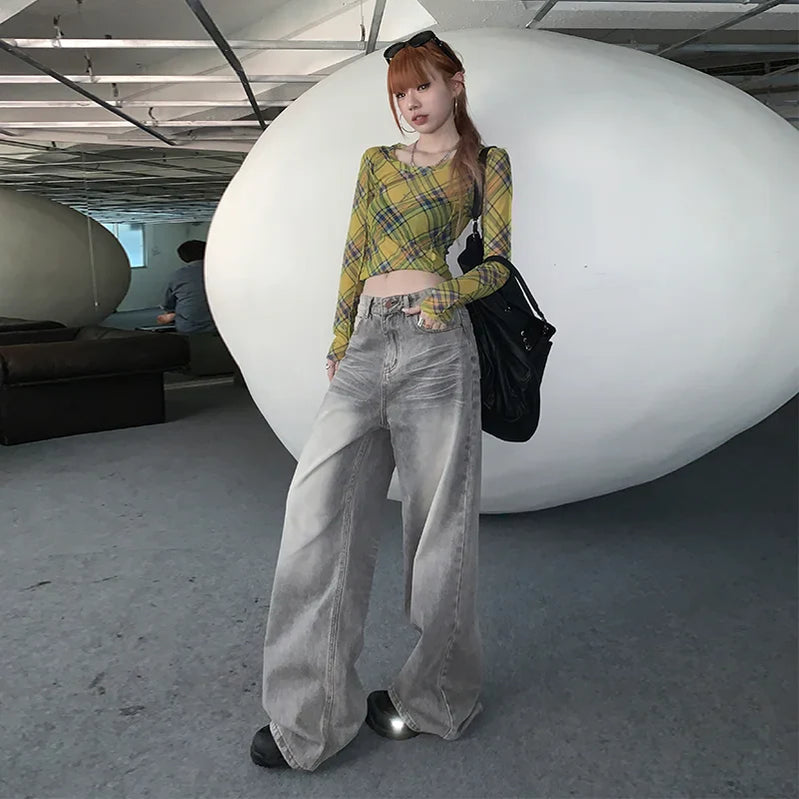 Grey Womens Jeans High Waist Straight Baggy Denim Pants American Korean Fashion Y2K Gradient Female Wide Leg Denim Trouser