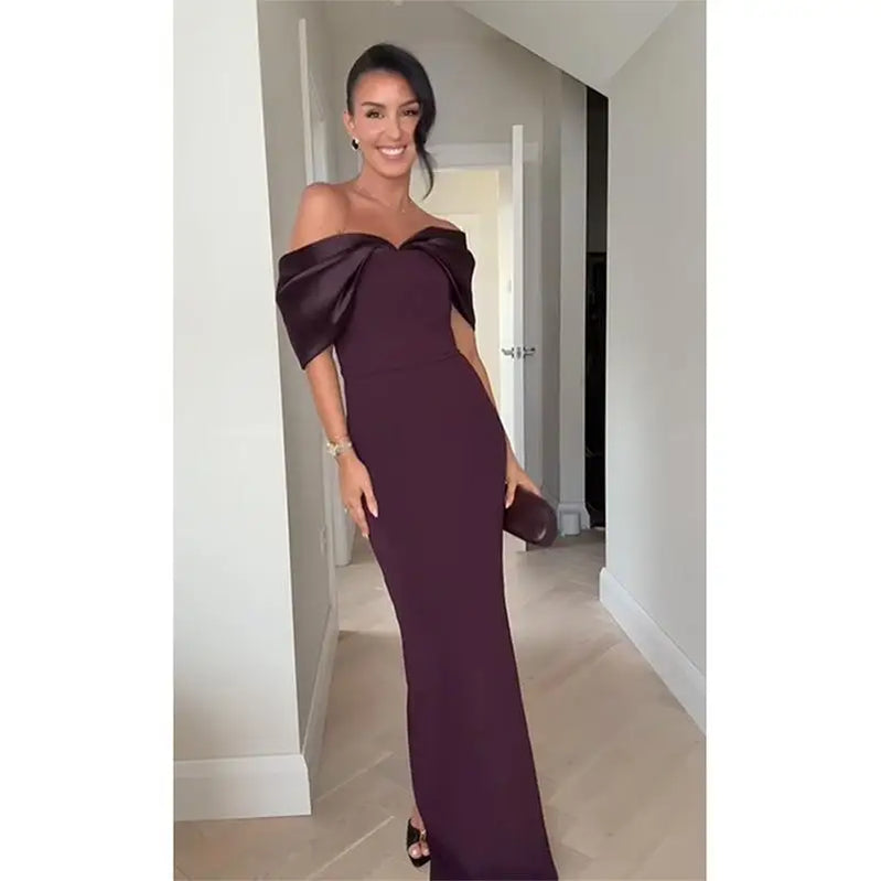 Elegant Purple Satin Patchwork Off Shoulder Midi Dresses New Lady Sleeveless Backless Slim Fit Long Vestido Evening Party Gowns
