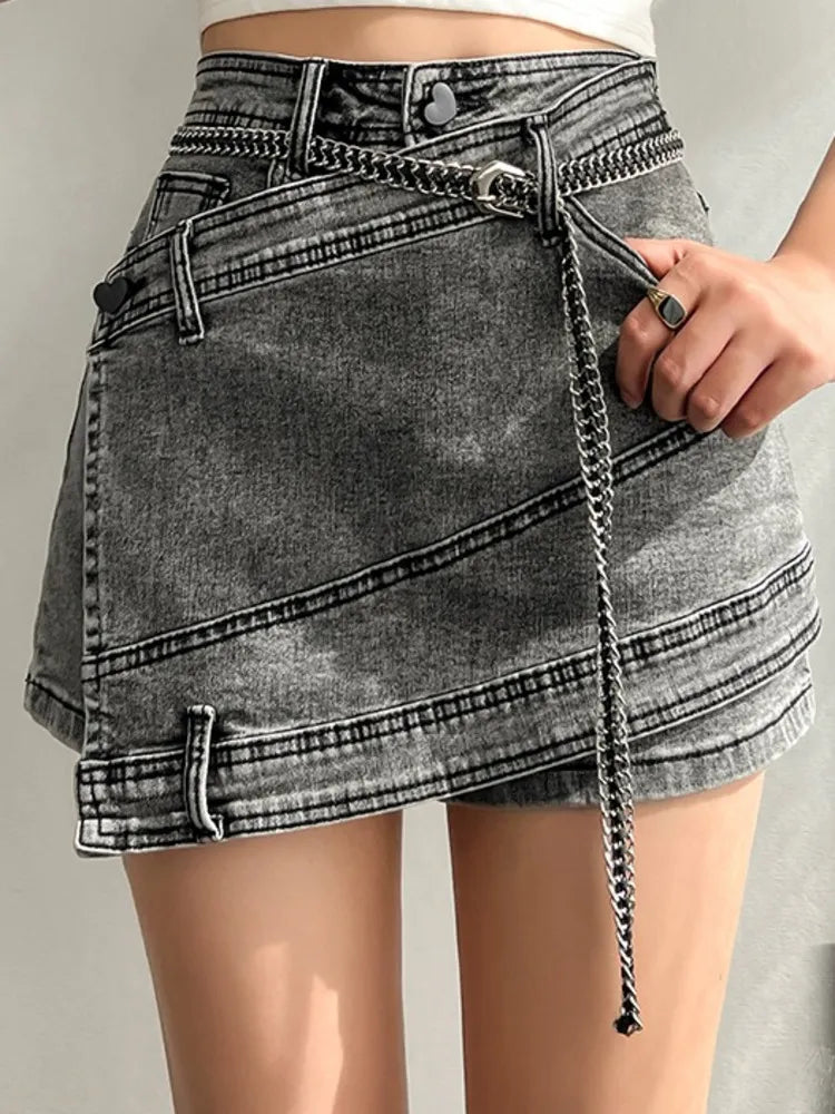 Fashion Women's Denim Skirt New High Waist Irregular Chain Spliced Gray Above Knee Skirts Female Tide Summer