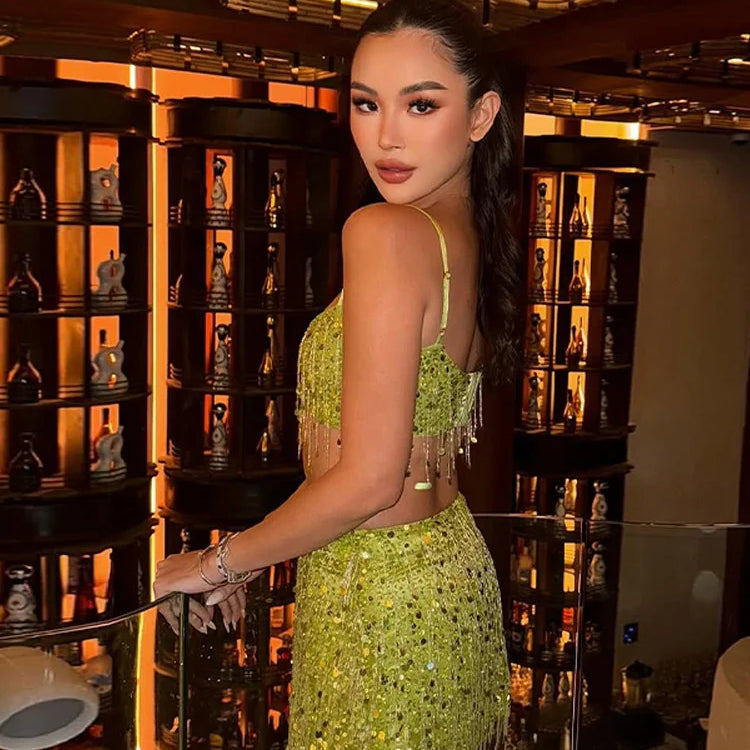 Y2K Tassel Sequin Mini Skirt Sets Women Crop Backless Sling Vest Short Hip Package A-line Skirts 2025 Summer Party Club Outfits
