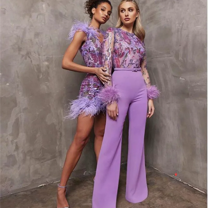 STOCK High Quality Gorgeous Feathers Shining Diamonds Violet Sequins Sleeveless Mini Dress Graceful Woman Evening Party Outfit