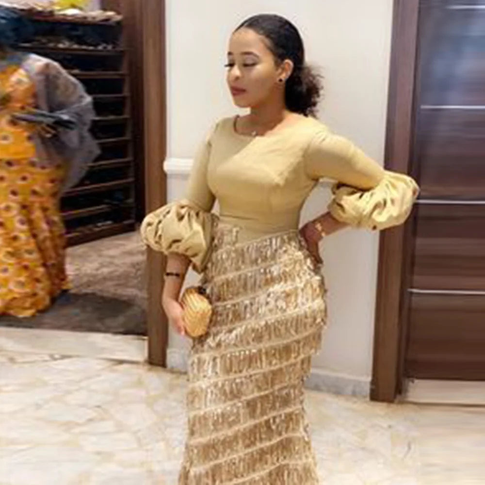 Women's Dresses Round Neck Lantern Long Sleeve Tassel Slim Gold Dress Autumn Ladies Elegant Party Evening Clothes