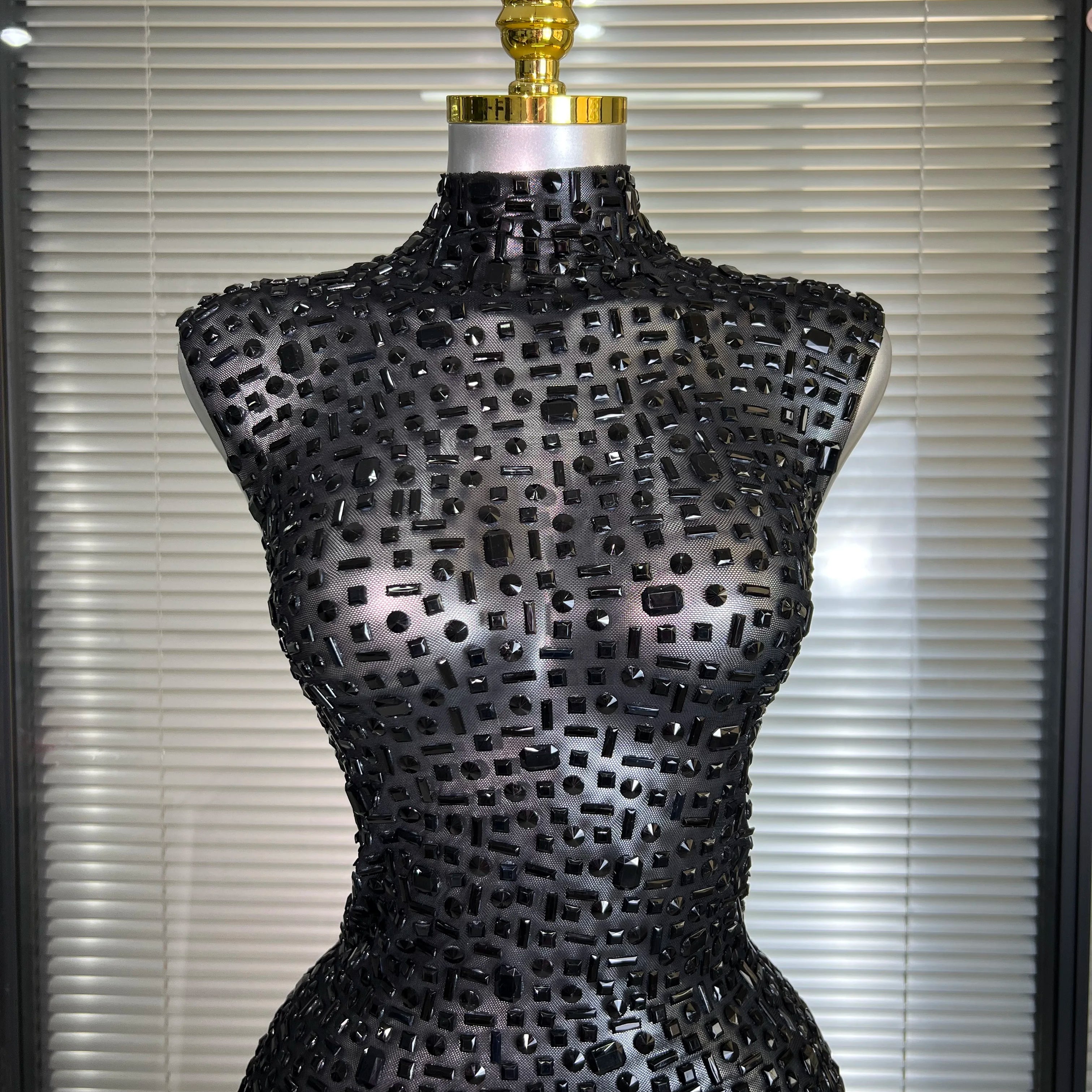 Women Sexy Mesh Crystal Diamonds Black Maxi Dress See Through Party Singer Stage Performance Costume