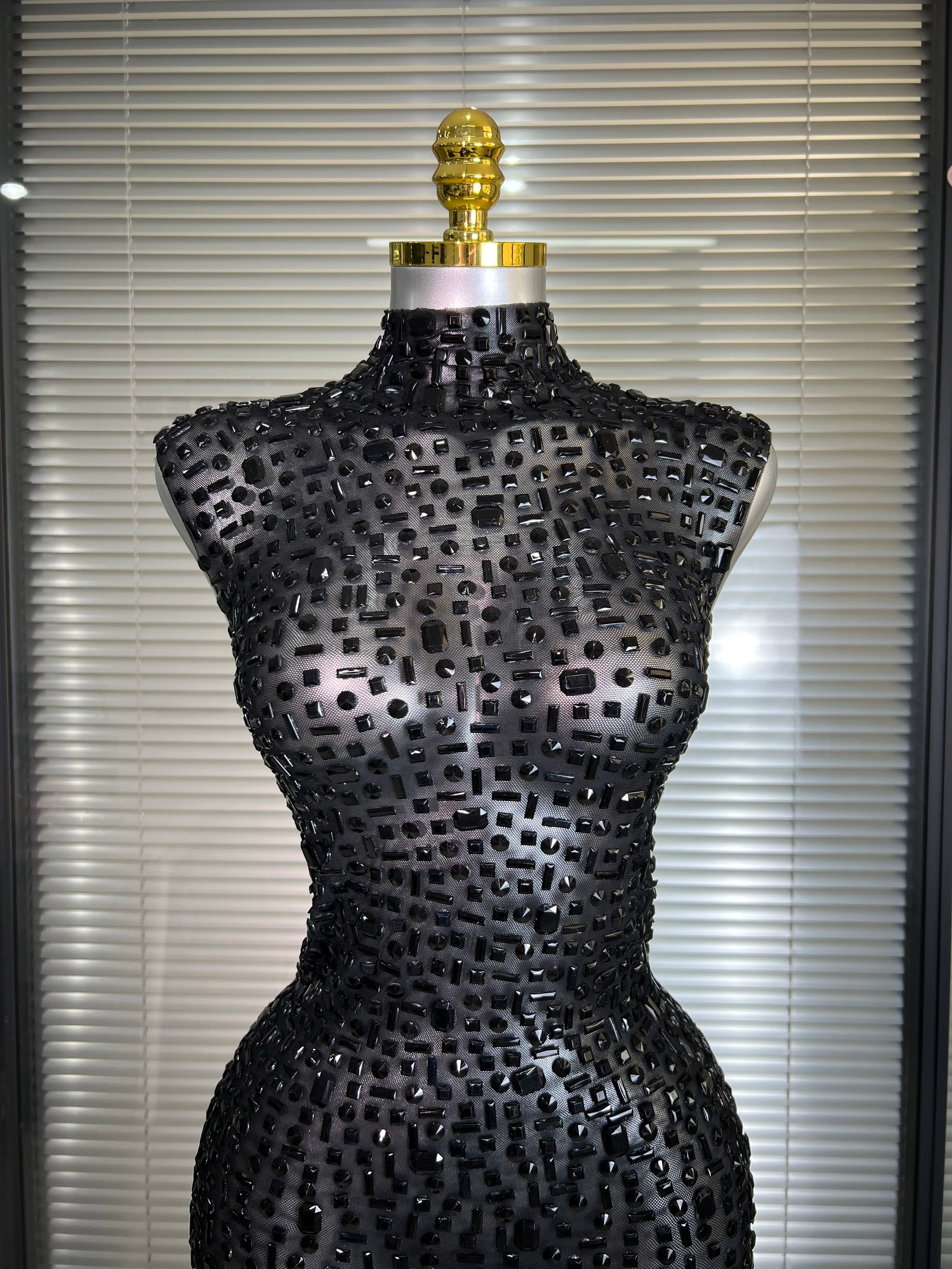 Women Sexy Mesh Crystal Diamonds Black Maxi Dress See Through Party Singer Stage Performance Costume