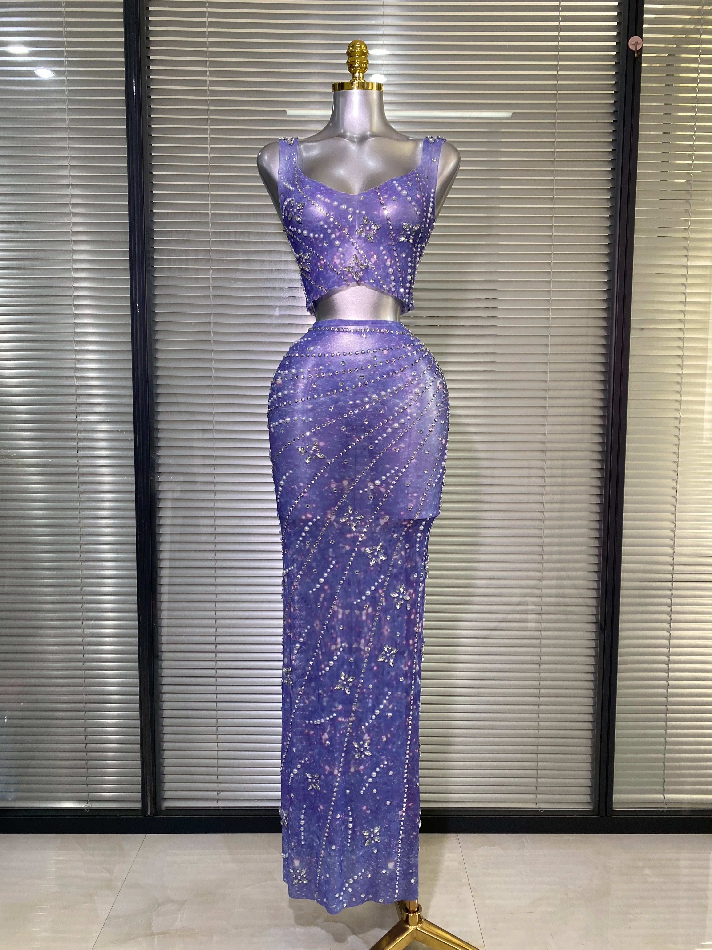 New Sexy Pink Two Pieces Set Women Celebrity Crystal Night Club Skirt Suits Singer Dancer Stretched Printed Stage Costume