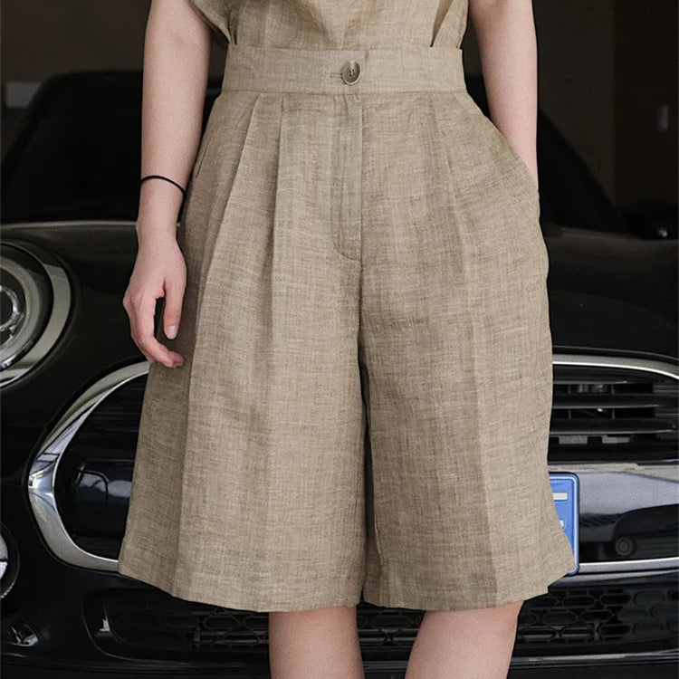 HanOrange Summer Lazy Linen Casual Knee Length Pants Women Loose Thin Anti-transparent A-line Profile Five Cents Trousers hay green