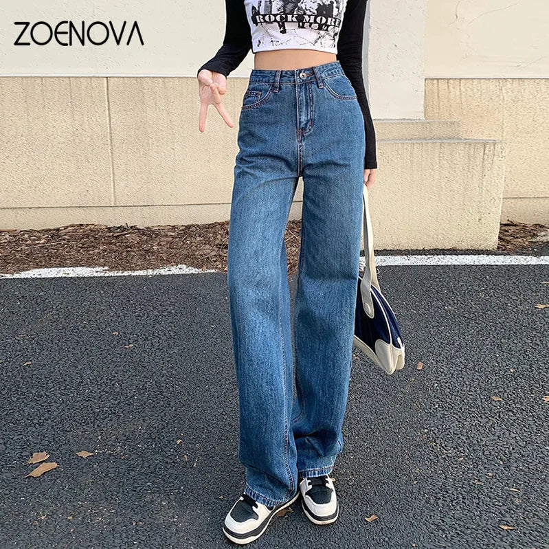 ZOENOVA Spring Premium Straight Women's Jeans Casual High Waist Straight Wide Leg Pants Y2K Street Versatile Denim Trousers