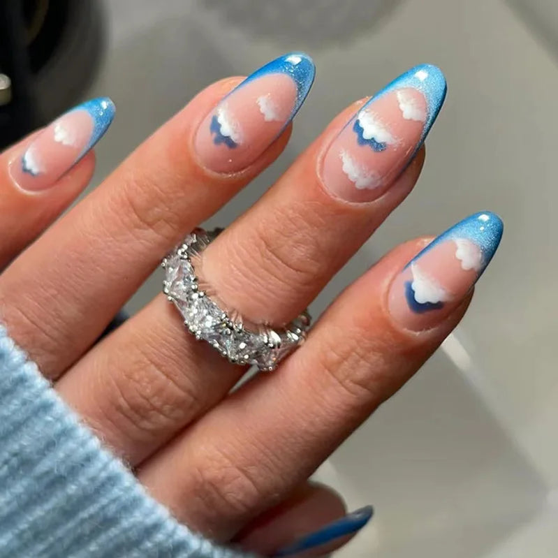 24Pcs Mid-length Almond Press on Fake Nails with Cat's Eye Blue Smudge Design False Nail Star Moon Pattern Reusable Manicure Tip