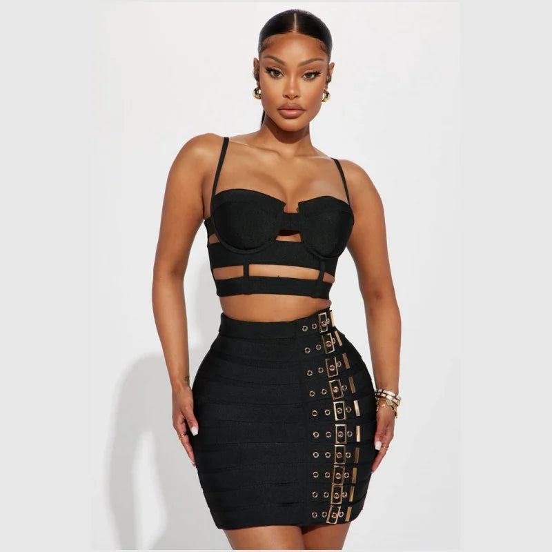 STOCK Fashion's Sexy Expose WaistWoman Set Hollow Out Short Spaghetti Strap Top And Blets Mini Skirt 2 Pieces High Street Wear