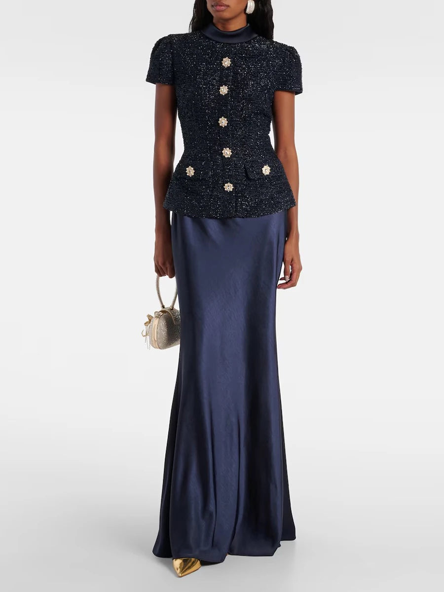 TWOTWINSTYLE Solid Slimming Two Piece Sets for Women Round Neck Short Sleeves Spliced Button Top High Waist Skirt Set Female New