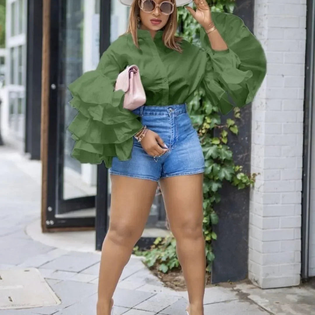 CM.YAYA Women Shirts Solid Full Ruffles Sleeve Turn-down Collar Single Breasted Loose Shirts Office Lady Streetwear Summer Tops