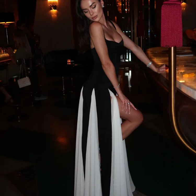 Fashion Contrasting U Neck Sling Maxi Dress Women Elegant Sleeveless Backless A-line Hem Robe Lady High Slit Summer Dresses 2025