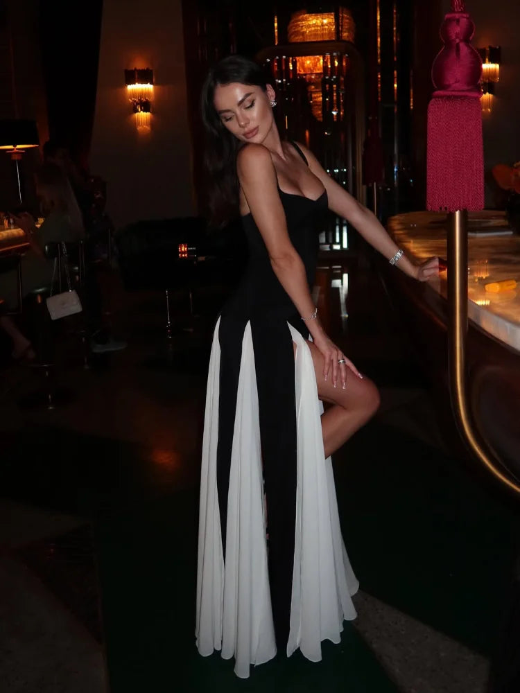 Fashion Contrasting U Neck Sling Maxi Dress Women Elegant Sleeveless Backless A-line Hem Robe Lady High Slit Summer Dresses 2025