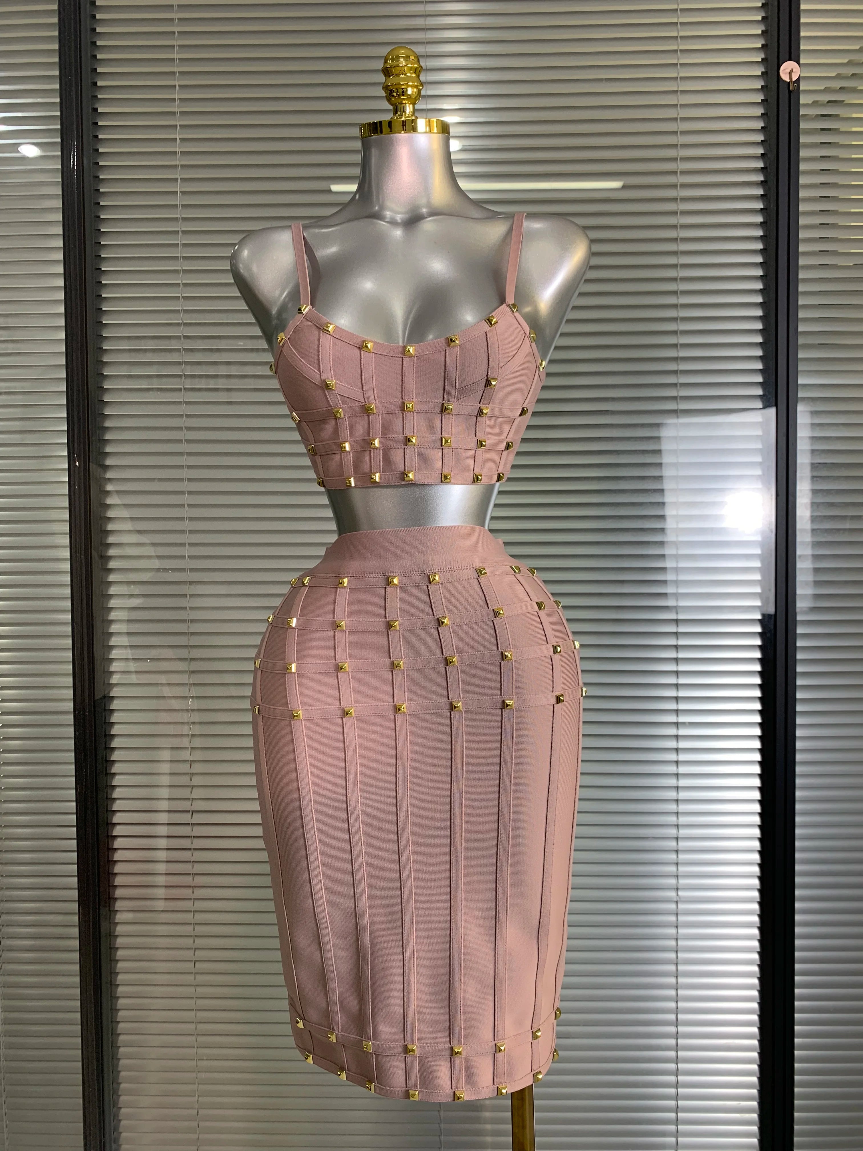 Summer New 2025 Women Sexy Pink Rivet Bandage Two Piece Set Celebrity Evening Party Skirt Suits