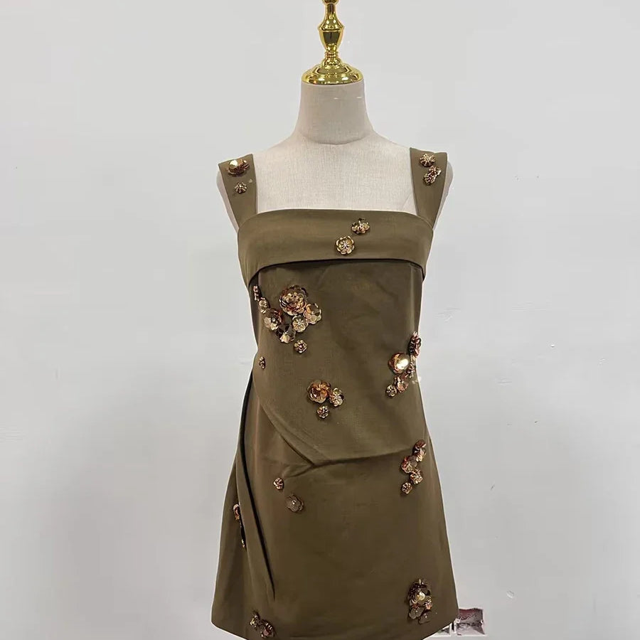 TWOTWINSTYLE Solid Slimming Fashion Mini Dresses for Women Square Neck Sleeveless Patchwork Sequins Temperament Dress Female New