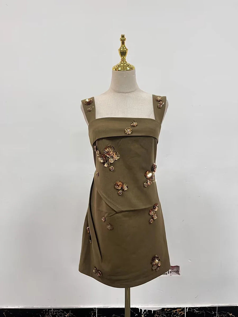 TWOTWINSTYLE Solid Slimming Fashion Mini Dresses for Women Square Neck Sleeveless Patchwork Sequins Temperament Dress Female New