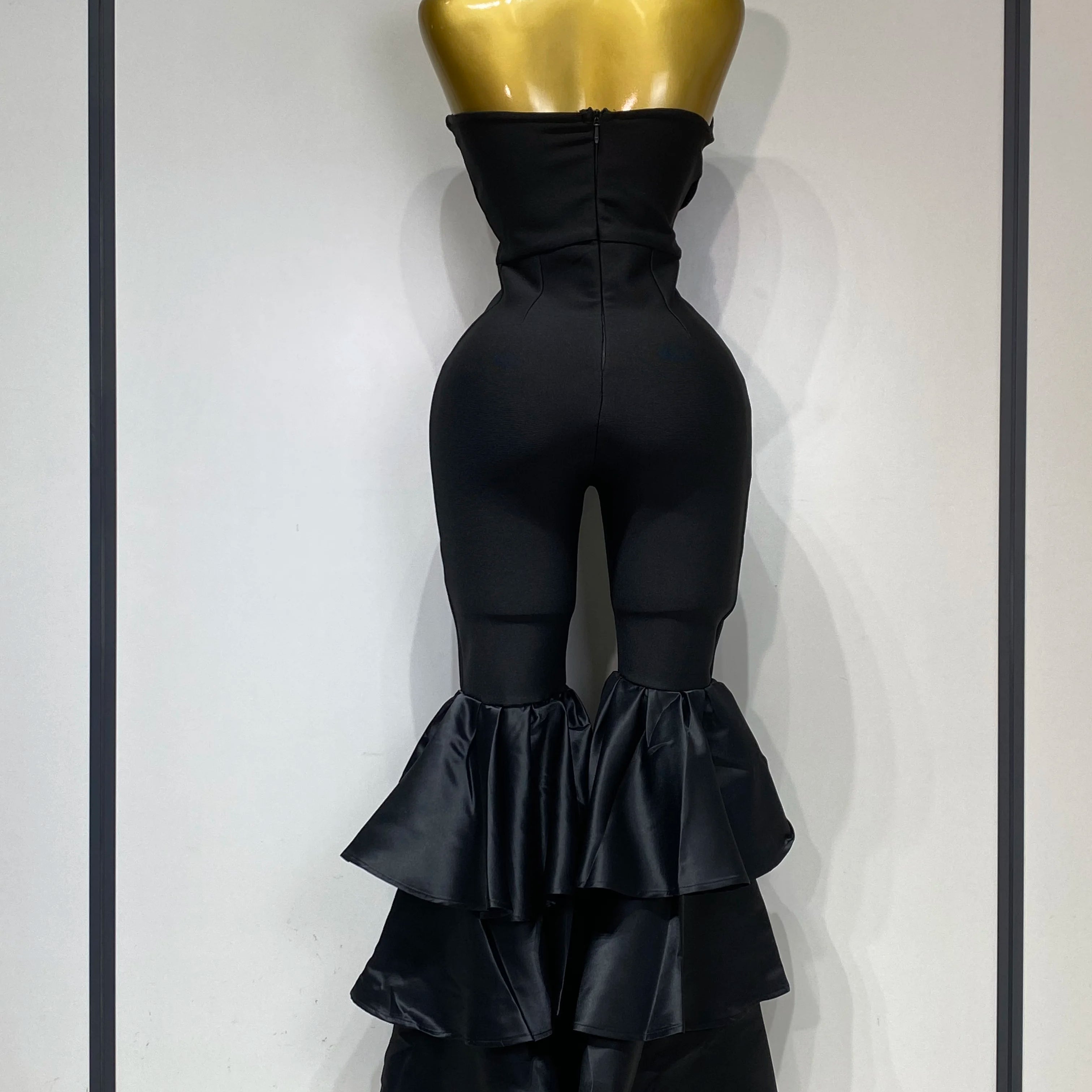 Women Luxury Birthday Sexy Strapless Ruffles Bodycon Flare Black Bandage Jumpsuit 2025 Celebrity Designer High Street Rompers