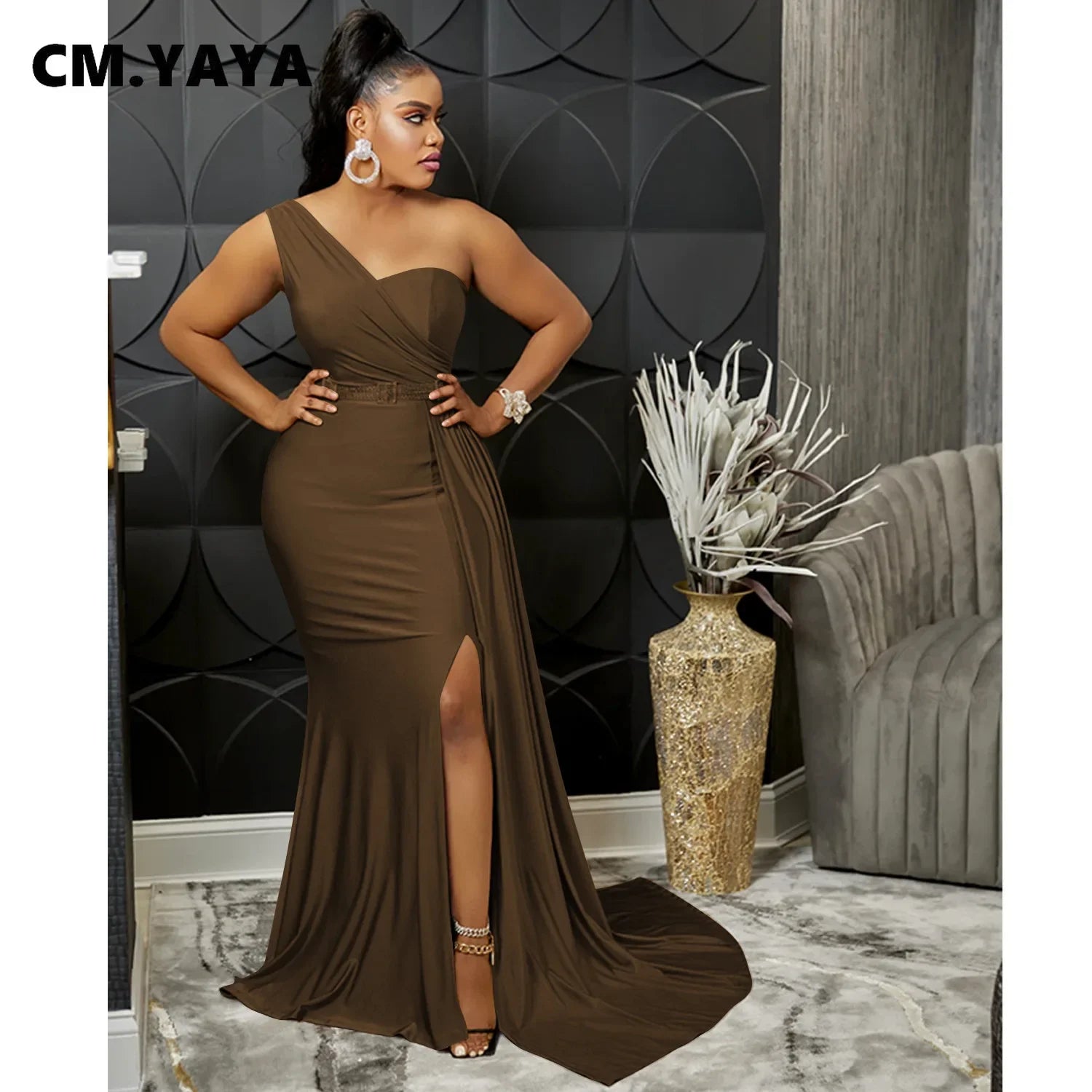 CM.YAYA One Shoulder Skew Neck Tassel Side Floor Length Mermaid Long Maxi Dress Women 2022 Sexy Party Club Even Prom Dresses