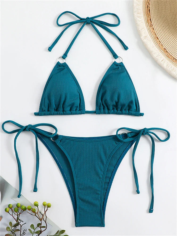 Bikini Women Swimsuit New Solid Ribbed Halter Bikinis Set Sexy Lace Up Swimwear Summer Two Piece Beach Bathing Suit Female Dark Green
