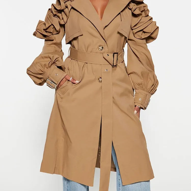 TWOTWINSTYLE Casual Spliced Ruffles Trenches For Women Lapel Long Sleeve Patchwork Belt Vintage High Street Trench Female Style