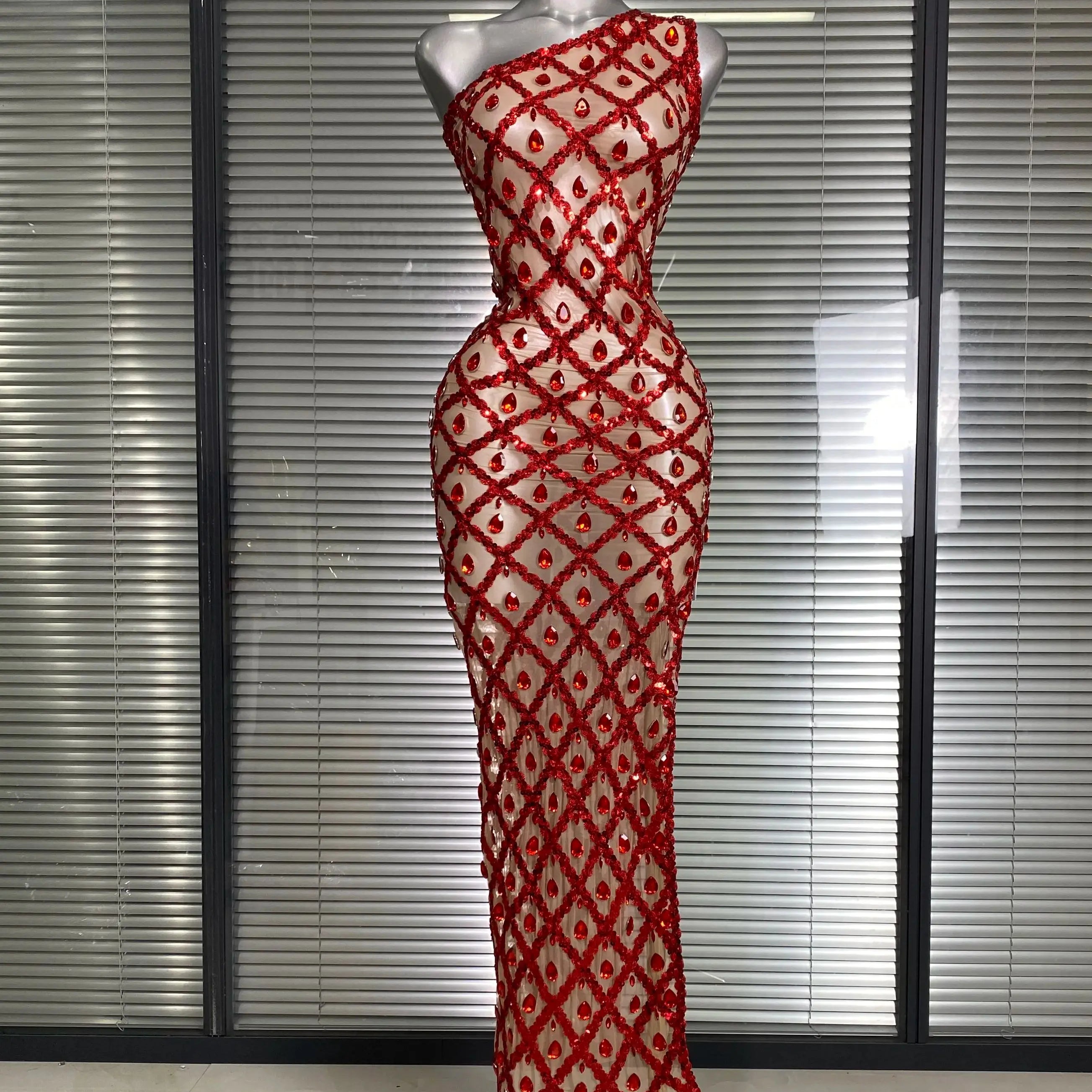 New Women Sexy One Shoulder See Through Crystal Diamonds Long Dress Birthday Party Costume Bar Singer Stage Performance Dress